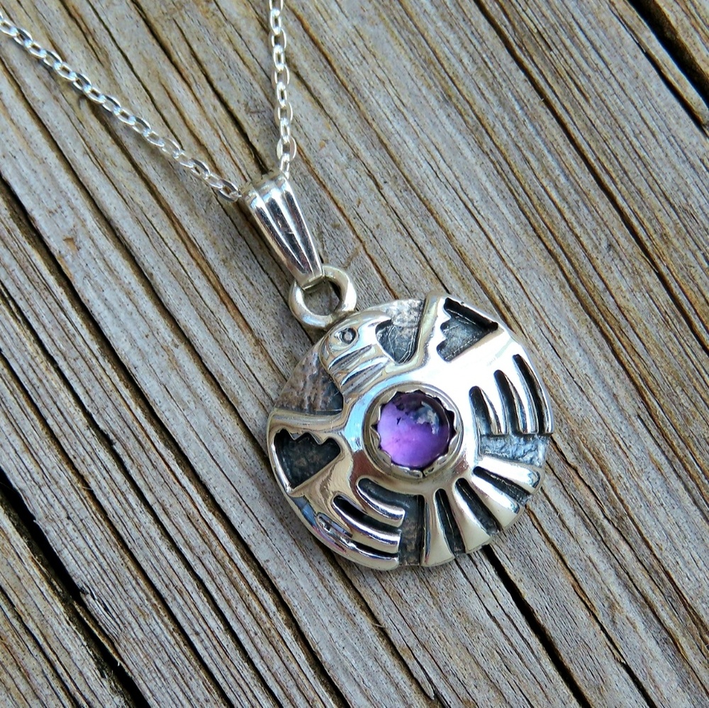 SOLD Vintage Navajo Thunderbird Amethyst Necklace - Picture 6 of 7